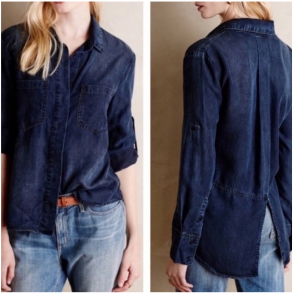 Cloth & Stone dark blue Tencel Lindsay bohemian button down shirt blouse large